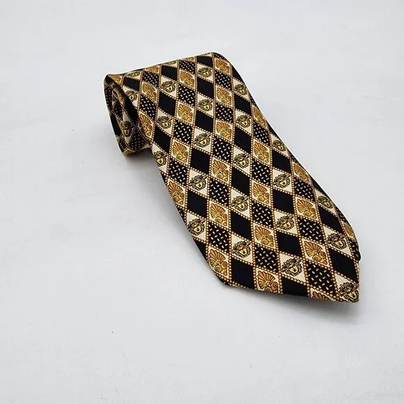Gianni Versace 100% Silk Tie All Over Gold Black Diamond - Picture 1 of 5